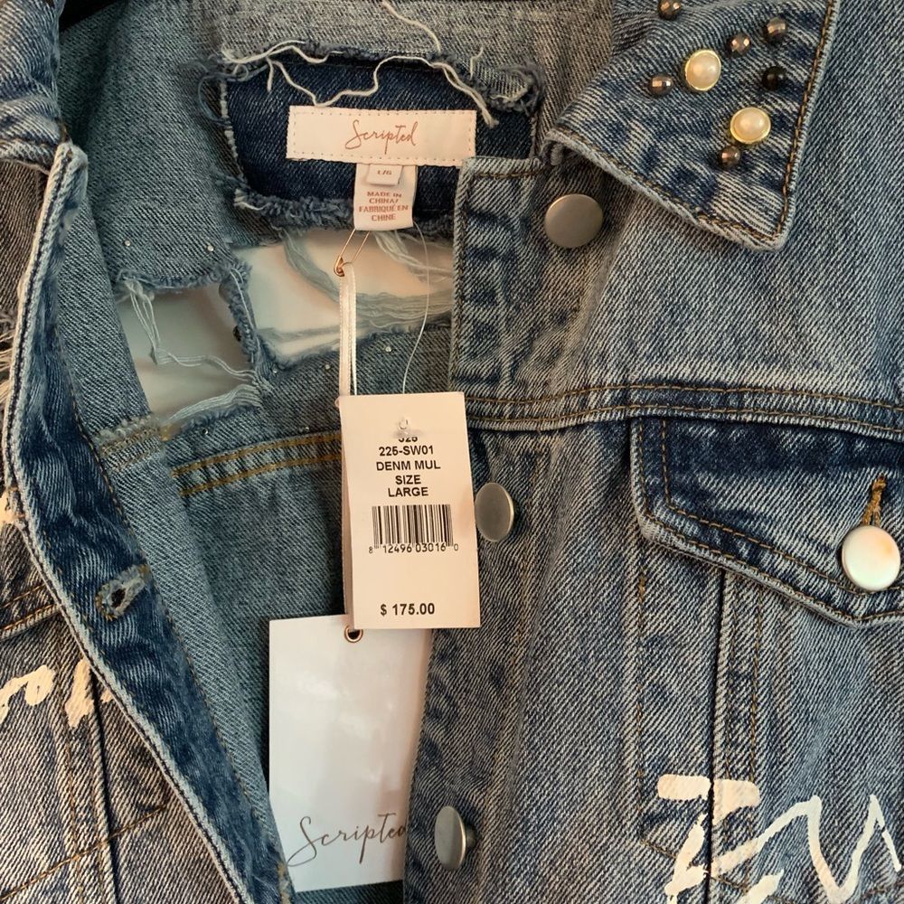 Scripted Distressed Plaid Denim Jacket Large NWT - Picture 7 of 8